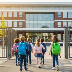 Students Entering School Gate Together &ndash; Back to School Concept