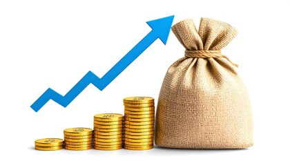 Money bag with coins and upward trend