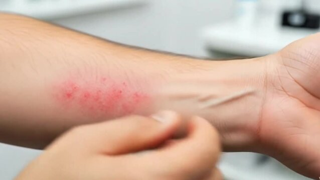 Red rash on Arm: A detailed depiction of a skin condition, focusing on a red rash on a forearm. Illustrates the impact of a skin irritation, potentially indicating allergies or medical symptoms.