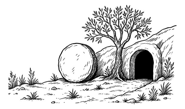 Illustration of Empty Tomb with Rolled Away Stone and Tree in Black and White Line Art