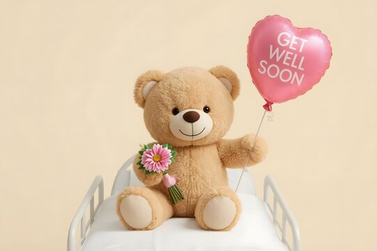 Teddy bear in hospital bed holding get well balloon