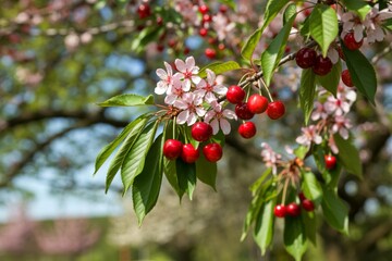 Obraz premium Cherry tree blossoms and ripe cherries
