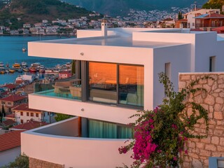 Fototapeta premium Modern coastal villa with sunset views in turkey