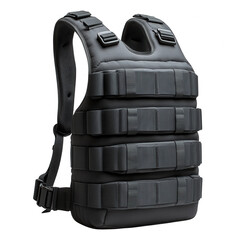 A black weighted vest with multiple pockets for weights and adjustable straps designed for fitness training and strength conditioning isolated on transparent background
