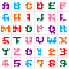 Colorful dot alphabet and numbers in fun bubble style. Vector letters A to Z and digits 0 to 9 made of bright round circles. Cute modern typeface for kids, posters, games, or education.