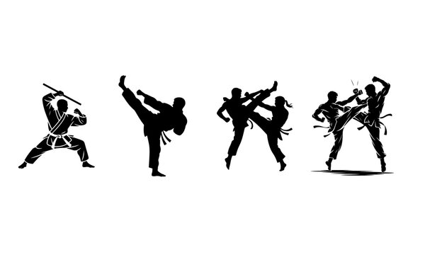 Martial arts fighters performing kicks and weapon techniques - Powered by Adobe