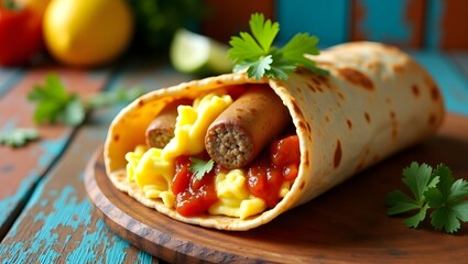 Close-up of a flavorful breakfast burrito filled with sausage, eggs, and ketchup on a wooden