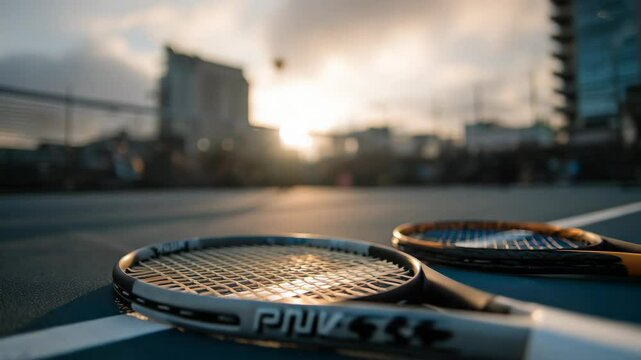 Tennis rackets resting on court during sunset with urban background  