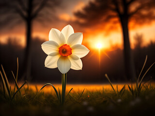 Golden narcissus flowers bloom vibrantly in a sun-drenched spring meadow, capturing nature's beauty at sunset ai generated