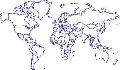  A minimalist vector outline map of the world without labels or political borders. Ideal for global data visualization, education, and abstract design projects