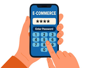 Hand holding smartphone with login screen. E-commerce payment vector illustration. Personal data and web security technology. Finger touching the screen to enter password
