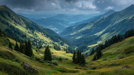 Fototapeta premium A valley with green hills and trees under a cloudy sky in a mountainous region on a summer day