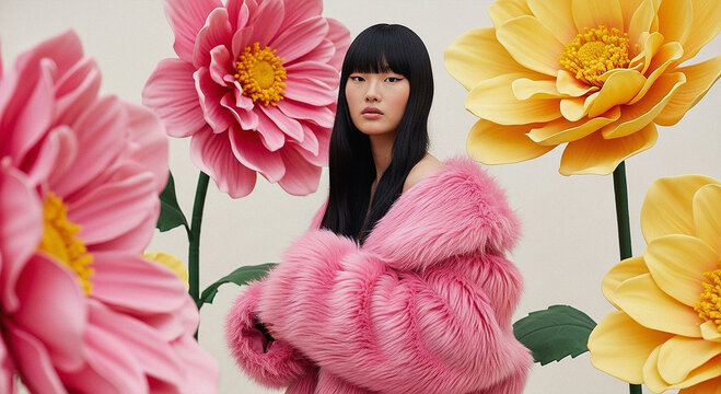 Elegant woman in pink faux fur coat with large pink and yellow fantasy flowers, conceptual fashion shoot