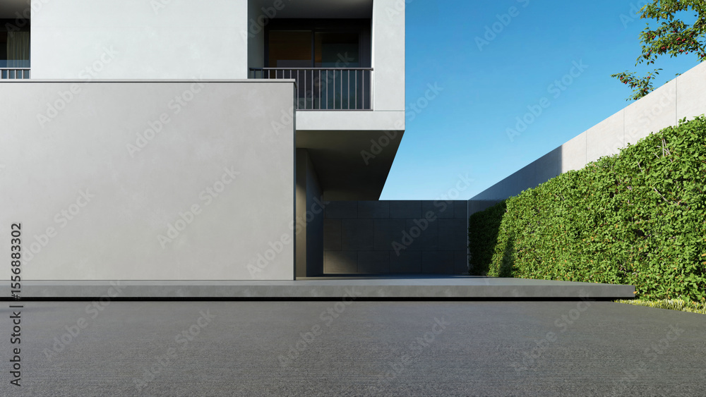 Aufkleber modern house, minimal architecture with empty wall and concrete garage driveway, 3d rendering of lux