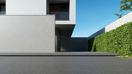 Modern house, Minimal architecture with empty wall and concrete garage driveway, 3d rendering of luxury property building