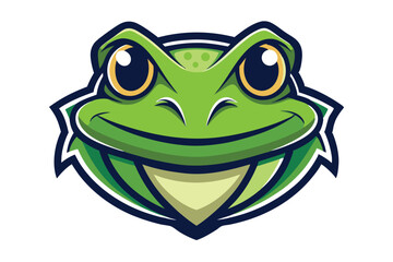 A cheerful green cartoon frog face smiles brightly with round eyes and outlined features