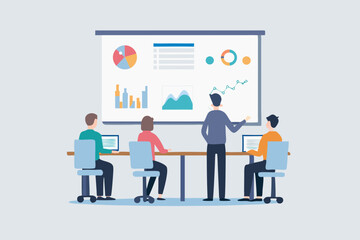 Business meeting with presentation of charts and graphs on screen