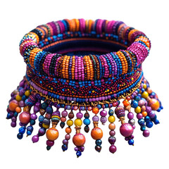 Exquisite beaded choker necklace with vibrant colorful beads and dangling charms showcasing intricate craftsmanship and bohemian style isolated on transparent background
