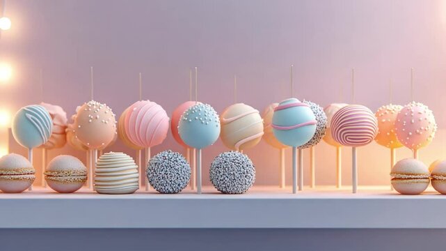 Pastel Delight: Row of pastel-colored cake pops with delicate decorations and macarons, creating a sweet and whimsical display
