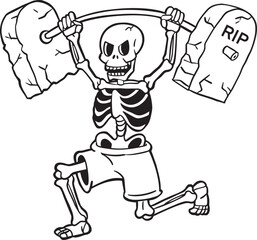 Funny Skeleton Lifting Tombstones Weights in Halloween