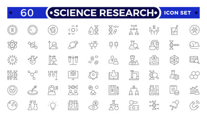 Scientific research and science Outline icon collection. Laboratory. Chemical experience and experiment. Molecule and atom.