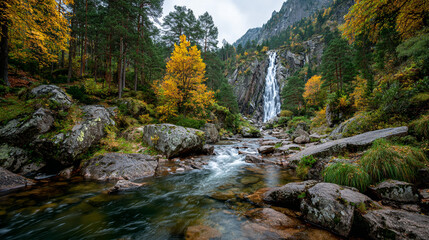 Obraz premium A scenic view of a waterfall cascading through a forest with autumn foliage and a flowing river below