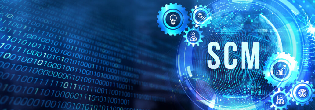 SCM - Supply Chain Management.  Supply Chain Management SCM. Aspects of Modern Company Logistics Processes. 3d illustration