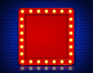 Retro red square frame on dark blue brick wall