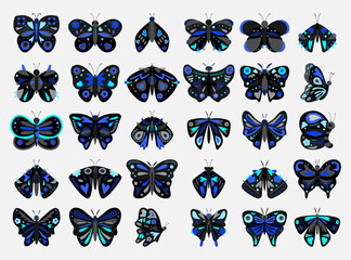 Black blue butterfly stroke outline vector set. light stroke line butterfly vintage. decoration stamp, pattern, line collection. insect elements for logo branding.