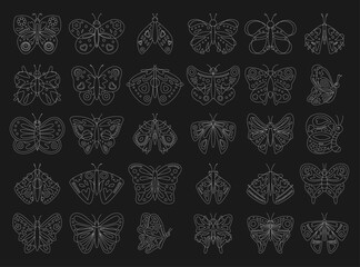 Butterfly stroke outline vector set. light stroke line butterfly vintage. decoration stamp, pattern, line collection. insect elements for logo branding.
