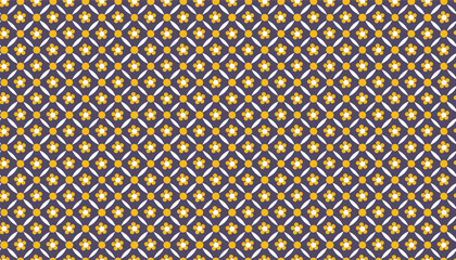 Repeating daisy-like floral elements in yellow, contrasted with a deep purple base, forming a rhythmic diagonal lattice