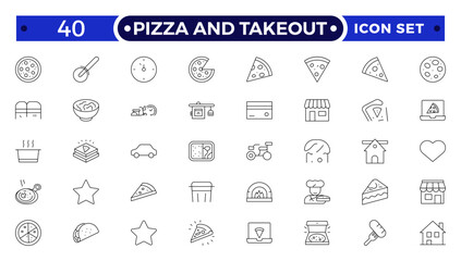 Pizza and takeout. Fast food outline icons. Fast food vector icon line set. Burger sandwich pizza hot dog cola coffee sweets.