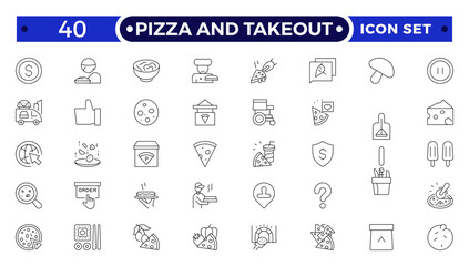 Pizza and takeout. Fast food outline icons. Fast food vector icon line set. Burger sandwich pizza hot dog cola coffee sweets.