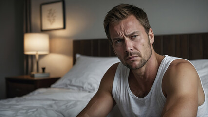 Caucasian Man in White Tank Top on Bed,  His Expression Appears Tense or Concerned. Dimly Lit Bedroom, Emotional Tension