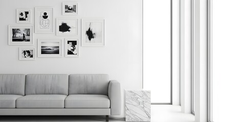 Modern living room interior featuring a gray sofa, artwork, and a bright window.
