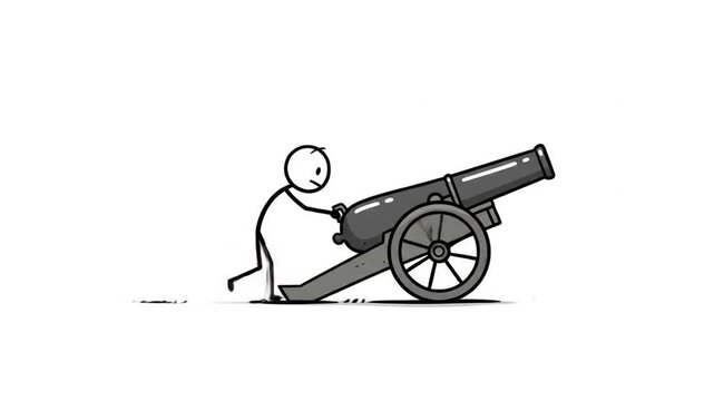 Stick figure pushing cannon animation illustration