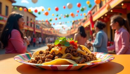 Delicious tacos on a colorful plate are served amidst a vibrant street food festival scene, happy