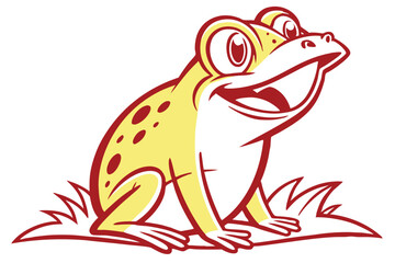 Smiling cartoon frog with red outlines sits in grass and looks cheerfully upward