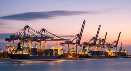 Container ships at sunset, illuminated by harbor cranes, undergoing loading or unloading operations at a busy port.