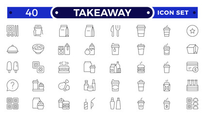 Takeaway Outline icon set. Fast food outline icons. Fast food vector icon line set. Burger sandwich pizza hot dog cola coffee sweets.