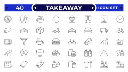 Takeaway Outline icon set. Fast food outline icons. Fast food vector icon line set. Burger sandwich pizza hot dog cola coffee sweets.