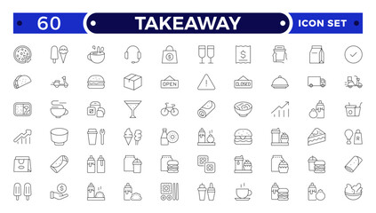 Takeaway Outline icon set. Fast food outline icons. Fast food vector icon line set. Burger sandwich pizza hot dog cola coffee sweets.