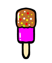 A playful vector illustration of a strawberry and chocolate ice cream popsicle with colorful sprinkles, a fun and delicious frozen treat. hand drawn. 