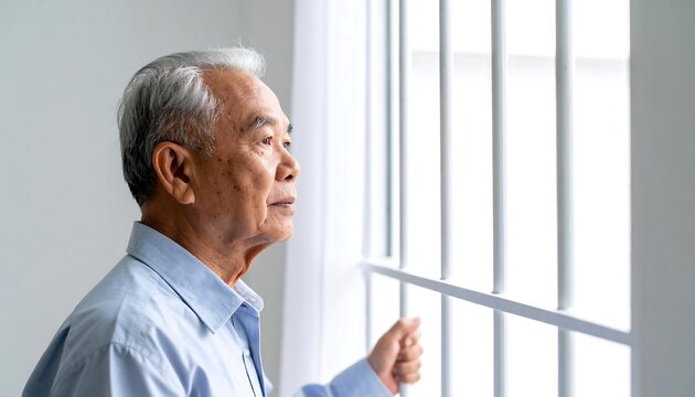 Senior man looking out window