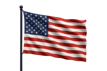 Realistic United States of America national flag waving on pole, US American stars and stripes flag symbolizing patriotism freedom democracy pride independence day concept, isolated on white backgroun