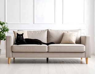 Black cat resting on beige couch in a bright room