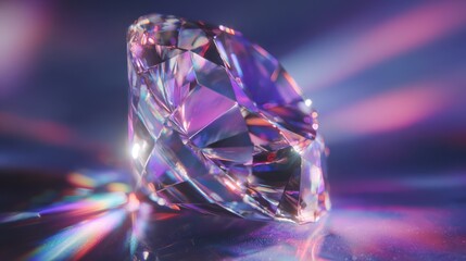 Luxurious macro shot of a diamond crystal bathed in neon purple and blue light, with prism sparkles and refracted light beams creating a dreamy glow.