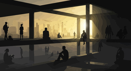 Silhouettes in Contemplation: Abstract Urban Scene with Golden Light and Shadow