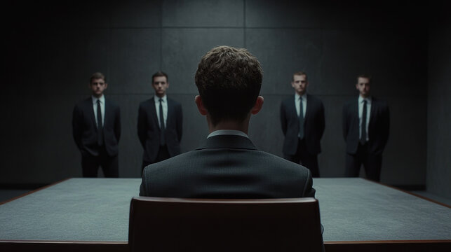 Man facing interview panel in a formal dark room setting