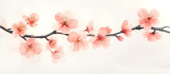 Delicate watercolor illustration of peach tree blossoms on a soft pastel background. Botanical and minimalistic Japanese-inspired style.